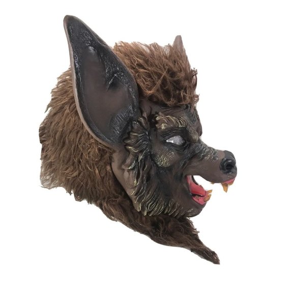 Scary Werewolf Mask Full Head Mask Adult Size Latex Face With Brown Fur Fangs - Picture 2 of 12